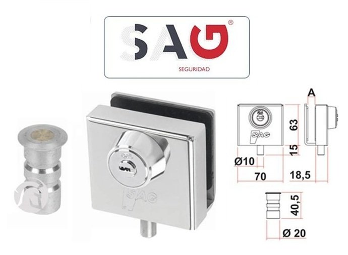 Esquema técnico, cotas y frontal de la cerradura SAG VP+PCP para puertas de cristal de locales.