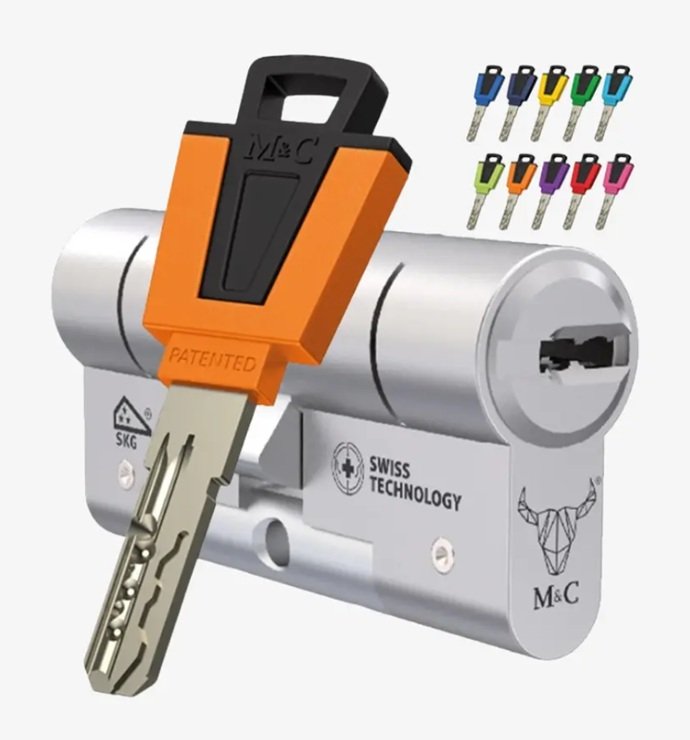 Bombín de seguridad M&C Color modular con protección antibumping SKG y llaves personalizables.