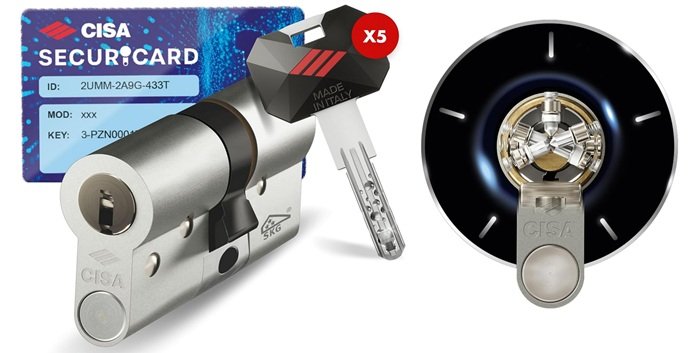 Cilindro europeo de seguridad CISA RS5 con 5 filas de pernos radiales y tarjeta de duplicación protegida.