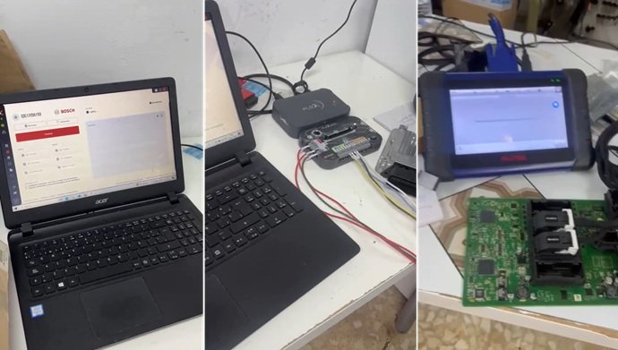 Equipamiento mecatrónico avanzado incluyendo tablet Autel e interfaces FLEX de Magicmotorsport para reparación BMW.