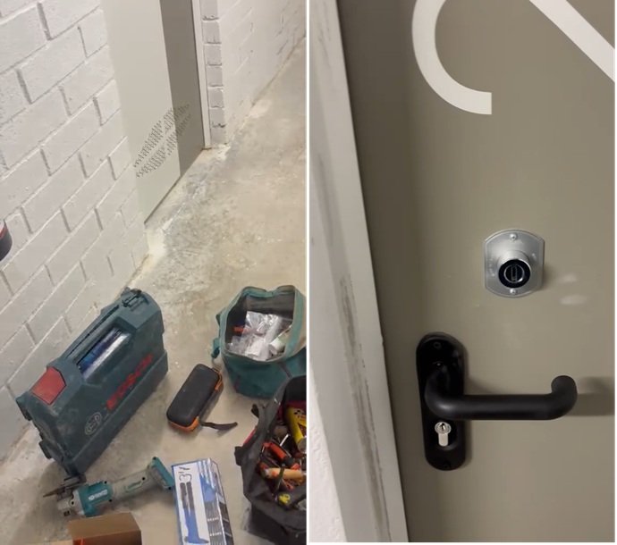 Equipamiento profesional de fresado Bosch y acabado exterior con casquillo protector de bombín en puerta blindada en Sabadell.