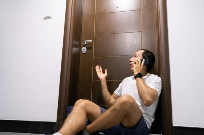 Residente con niveles altos de desasosiego llamando por teléfono tras perder el acceso a su propiedad en Sabadell.