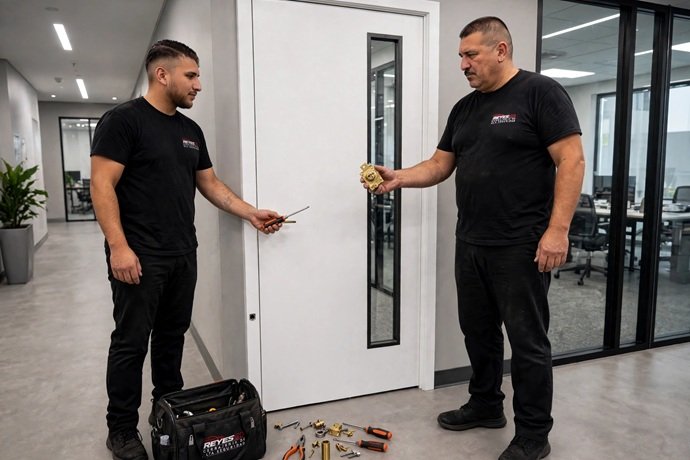 Instalación y cambio de cerradura antigua a sistema de perfil europeo en local comercial de Sabadell por cerrajeros especialistas