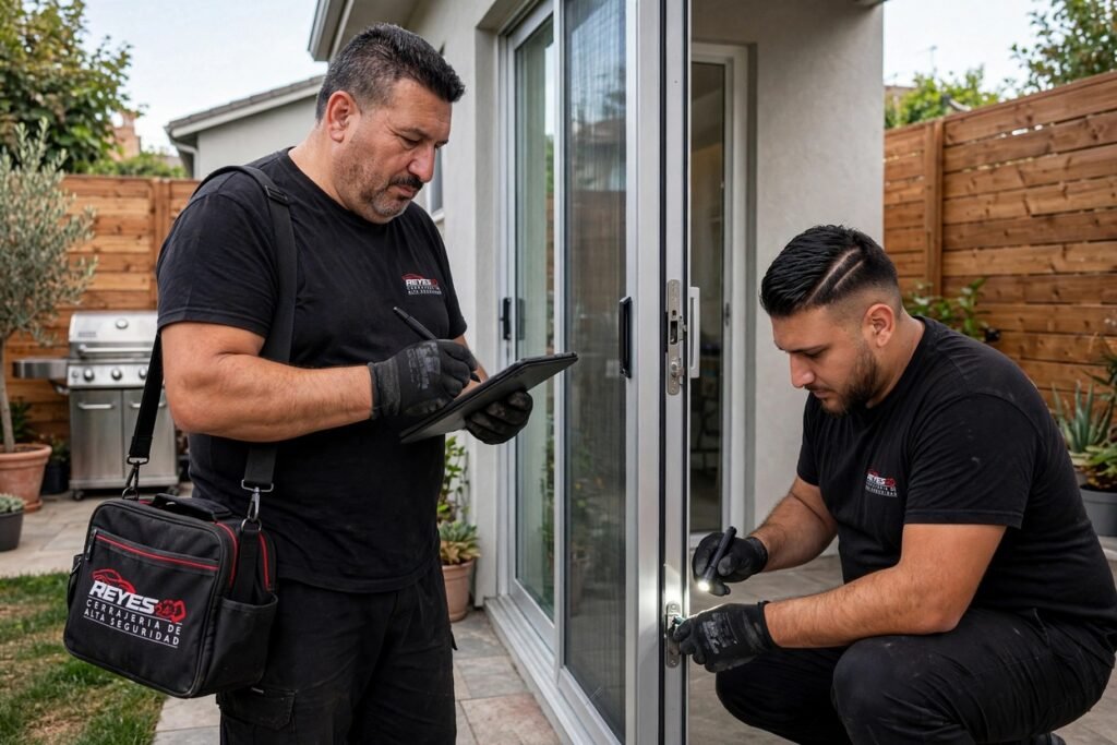 Técnicos de Cerrajería Reyes inspeccionando la cerradura de una puerta corredera de patio trasero en una vivienda de Sabadell