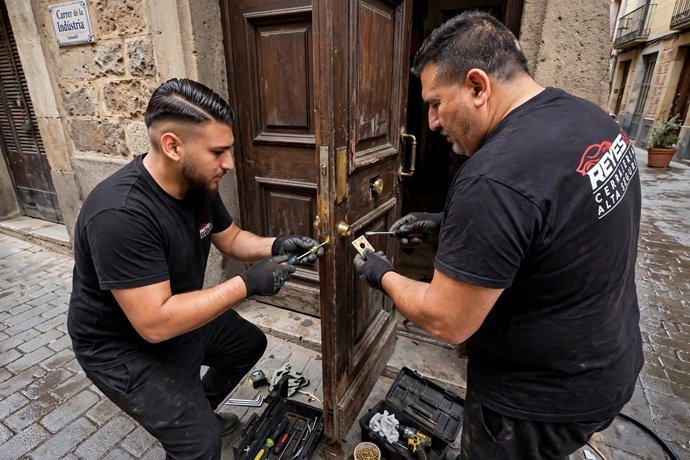 Técnicos de Cerrajería Reyes realizando el desmontaje y ajuste de cerradura en puerta antigua en Carrer de la Indústria de Sabadell Centre.