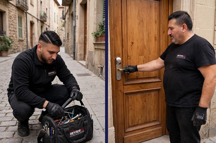 Instalación y verificación de escudo protector de alta seguridad en puerta de madera maciza en Sabadell Centre por cerrajeros especialistas.