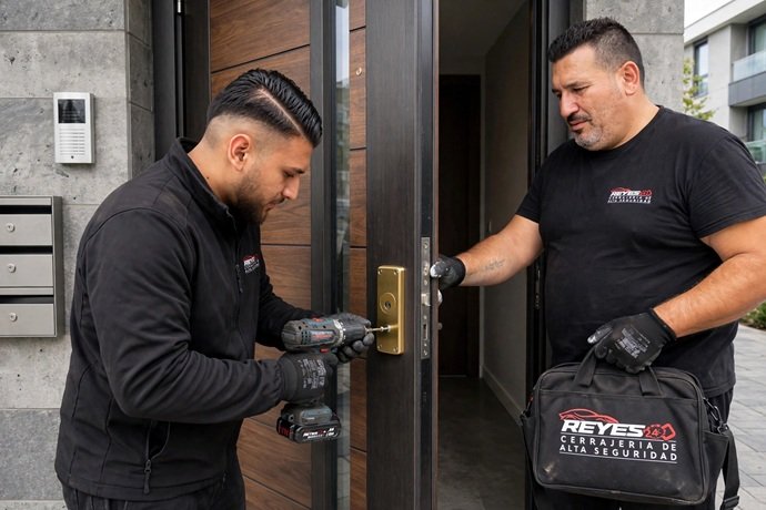 Técnicos de Cerrajería Reyes instalando escudo acorazado de alta resistencia con taladro en puerta de entrada en Sabadell