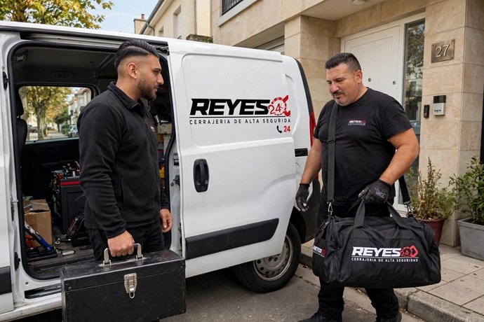 Técnicos de Cerrajería Reyes descargando herramientas de su furgoneta taller móvil para cambio urgente de cerradura en Sabadell.